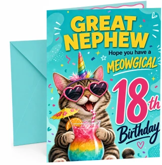 Great Nephew 18th Birthday Card Unicorn Cat Cocktail