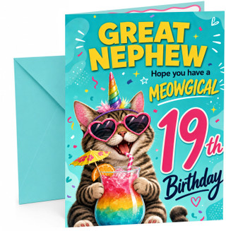 Great Nephew 19th Birthday Card Unicorn Cat Rainbow Cocktail