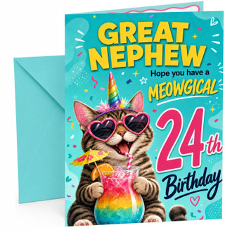 Great Nephew 24th Birthday Card Unicorn Cat Rainbow Cocktail