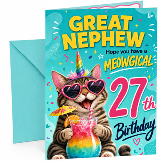 Great Nephew 27th Birthday Card Unicorn Cat Rainbow Cocktail