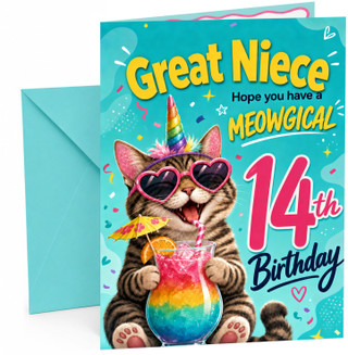 Great Niece 14th Birthday Card Unicorn Cat Rainbow Cocktail