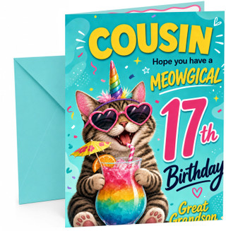 Great Grandson 17th Birthday Card Unicorn Cat Rainbow Cocktail