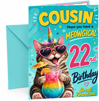 Great Grandson 22nd Birthday Card Unicorn Cat Rainbow Cocktail