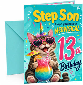 Step Son 13th Birthday Card Meowgical Unicorn Cat Cocktail