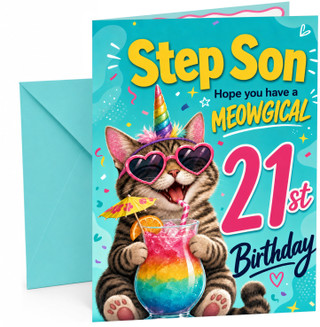 Step Son 21st Birthday Card Meowgical Unicorn Cat Cocktail