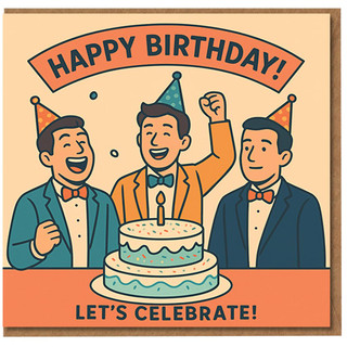 Happy Birthday Let's Celebrate Card - Retro Party Hats and Cake Illustration, Fun Celebration Design for Friends, Family, Him or Her