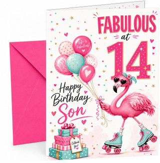 Son 14th Birthday Card Fabulous Flamingo on Roller Skates