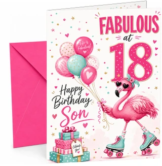 Son 18th Birthday Card Flamingo on Roller Skates Balloons