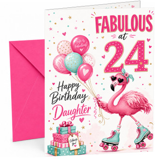 Daughter 24th Birthday Card Fabulous Flamingo on Roller Skates
