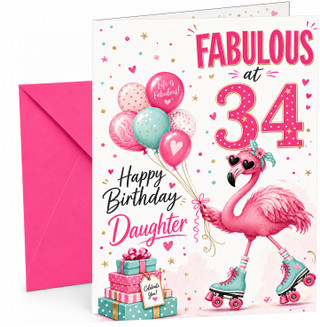 Daughter 34th Birthday Card Fabulous Flamingo on Roller Skates