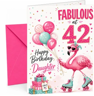 Daughter 42nd Birthday Card Fabulous Flamingo on Roller Skates