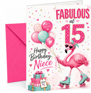 Niece 15th Birthday Card Flamingo on Roller Skates