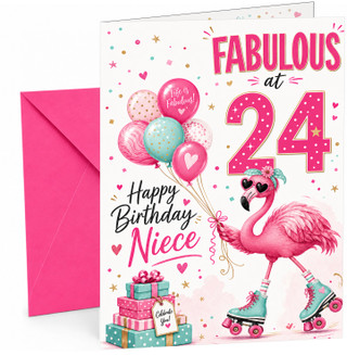 Niece 24th Birthday Card Fabulous Flamingo on Roller Skates