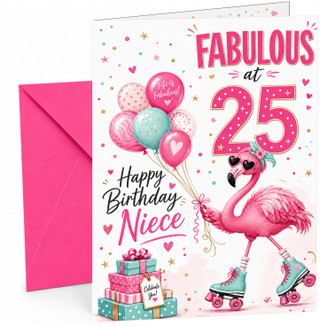 Niece 25th Birthday Card Fabulous Flamingo on Roller Skates