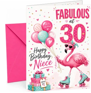 Niece 30th Birthday Card Flamingo on Roller Skates & Balloons