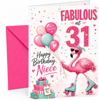 Niece 31st Birthday Card Flamingo on Roller Skates & Balloons