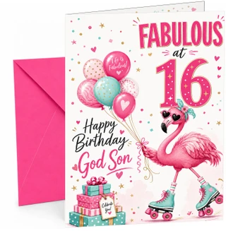 God Son 16th Birthday Card Fabulous Flamingo on Roller Skates
