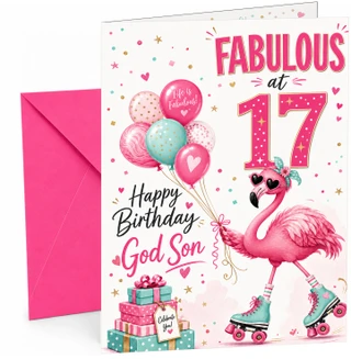 God Son 17th Birthday Card Flamingo on Roller Skates