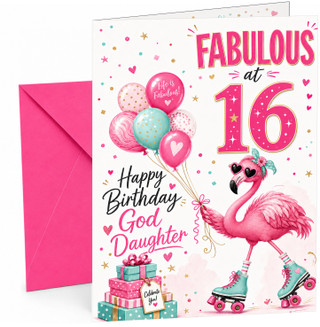 God Daughter 16th Birthday Card Flamingo on Roller Skates