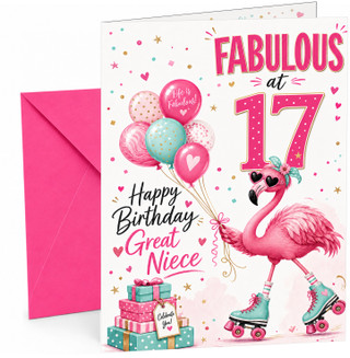 Great Niece 17th Birthday Card Fabulous Flamingo on Roller