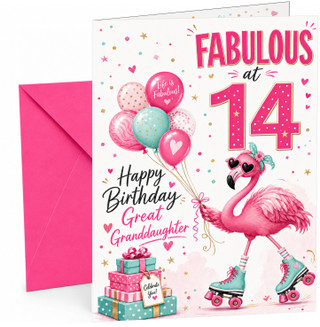 Great Granddaughter 14th Birthday Card Flamingo on Skates