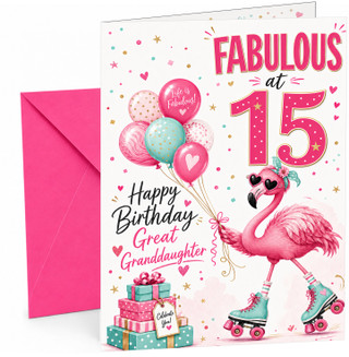 Great Granddaughter 15th Birthday Card Flamingo on Roller