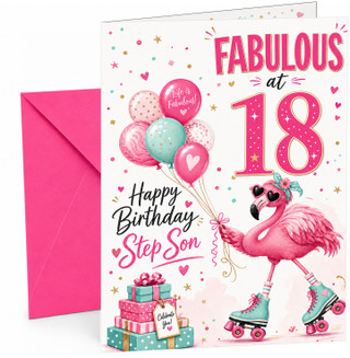 Step Son 18th Birthday Card Flamingo on Roller Skates