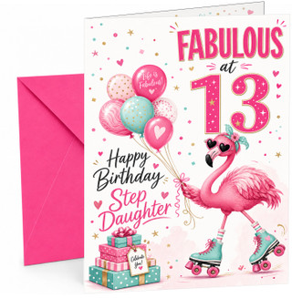 Step Daughter 13th Birthday Card Flamingo on Roller Skates