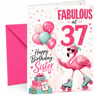 Sister 37th Birthday Card Flamingo on Roller Skates & Balloons