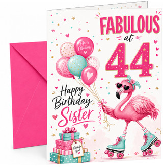 Sister 44th Birthday Card Fabulous Flamingo on Roller Skates