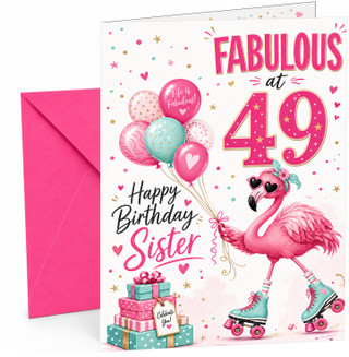 Sister 49th Birthday Card Flamingo on Roller Skates & Balloons