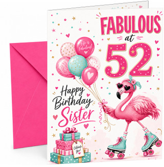 Sister 52nd Birthday Card Fabulous Flamingo on Roller Skates