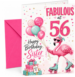 Sister 56th Birthday Card Flamingo on Roller Skates & Balloons