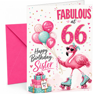 Sister 66th Birthday Card Flamingo on Roller Skates & Balloons