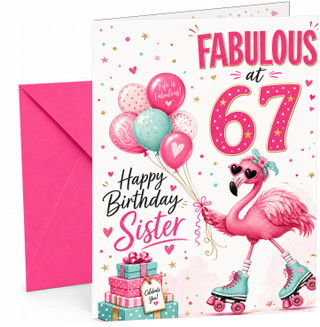 Sister 67th Birthday Card Flamingo on Roller Skates & Balloons