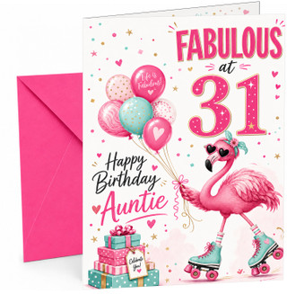 Auntie 31st Birthday Card Flamingo on Roller Skates & Balloons