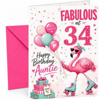 Auntie 34th Birthday Card Flamingo on Roller Skates & Balloons