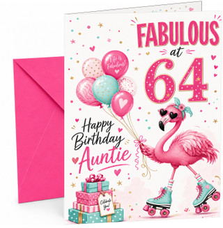 Auntie 64th Birthday Card Flamingo on Roller Skates & Balloons