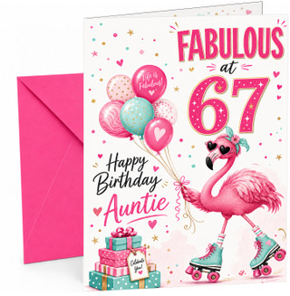 Auntie 67th Birthday Card Flamingo on Roller Skates & Balloons