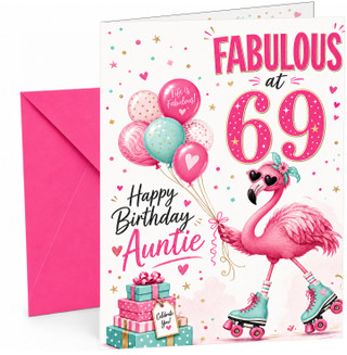 Auntie 69th Birthday Card Flamingo on Roller Skates & Balloons