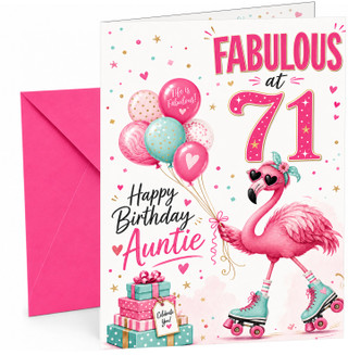 Auntie 71st Birthday Card Flamingo on Roller Skates & Balloons