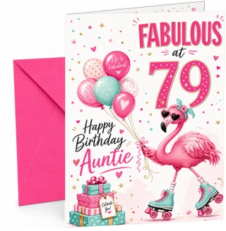 Auntie 79th Birthday Card Flamingo on Roller Skates & Balloons