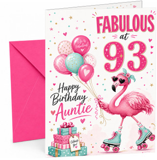 Auntie 93rd Birthday Card Flamingo on Roller Skates & Balloons