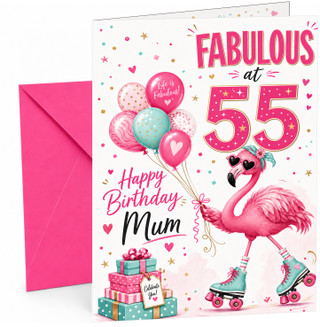 Mum 55th Birthday Card Flamingo on Roller Skates & Balloons