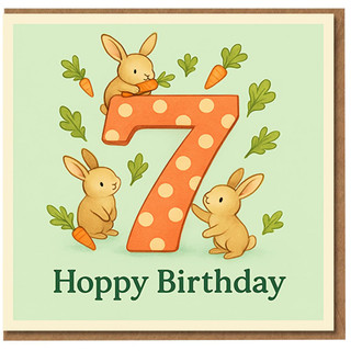 7th Birthday Card for Kids - Hoppy Birthday with Cute Bunnies and Carrots - Polka Dot Number Seven Design - Rabbit Themed Children's Card