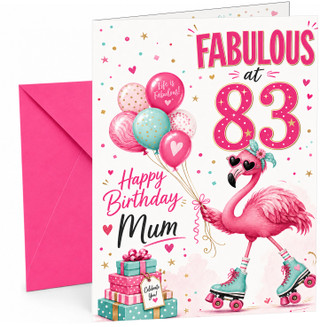 Mum 83rd Birthday Card Flamingo on Roller Skates & Balloons