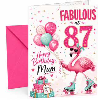 Mum 87th Birthday Card Flamingo on Roller Skates & Balloons