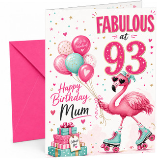 Mum 93rd Birthday Card Flamingo on Roller Skates & Balloons