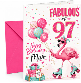 Mum 97th Birthday Card Flamingo on Roller Skates & Balloons