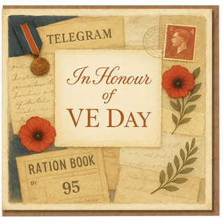 In Honour of VE Day Remembrance Card - Vintage Wartime Collage with Poppies, Ration Book, Telegram and Medal Ribbon